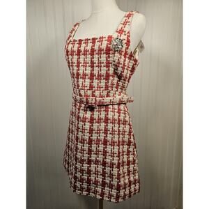 INA Checkered Brooch Tweed Dress Women's Size S NWT Belted Mini Red